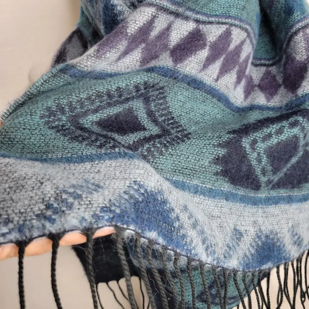 Blue Aztec Print Acrylic Scarf with Fringe, Made in Italy